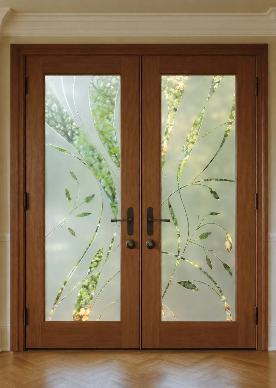 Etched leaf-pattern decorative glass film on interior French doors, adding privacy while letting daylight through