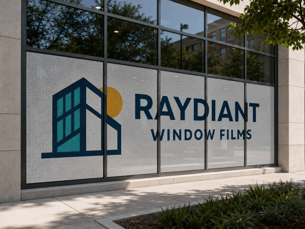 Raydiant Window Films logo applied as custom perforated window graphics across a commercial building's glass façade
