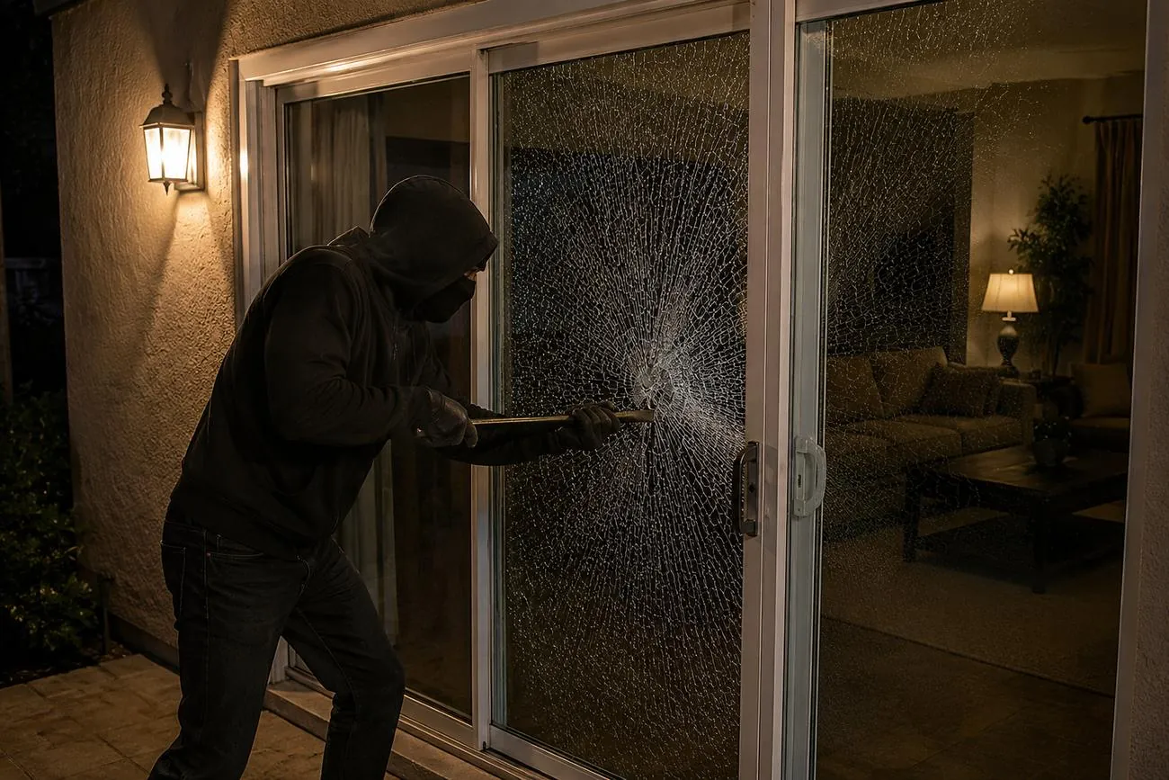 Attempted break-in stopped at the glass, a shattered sliding door held together by security film against a burglar's pry bar